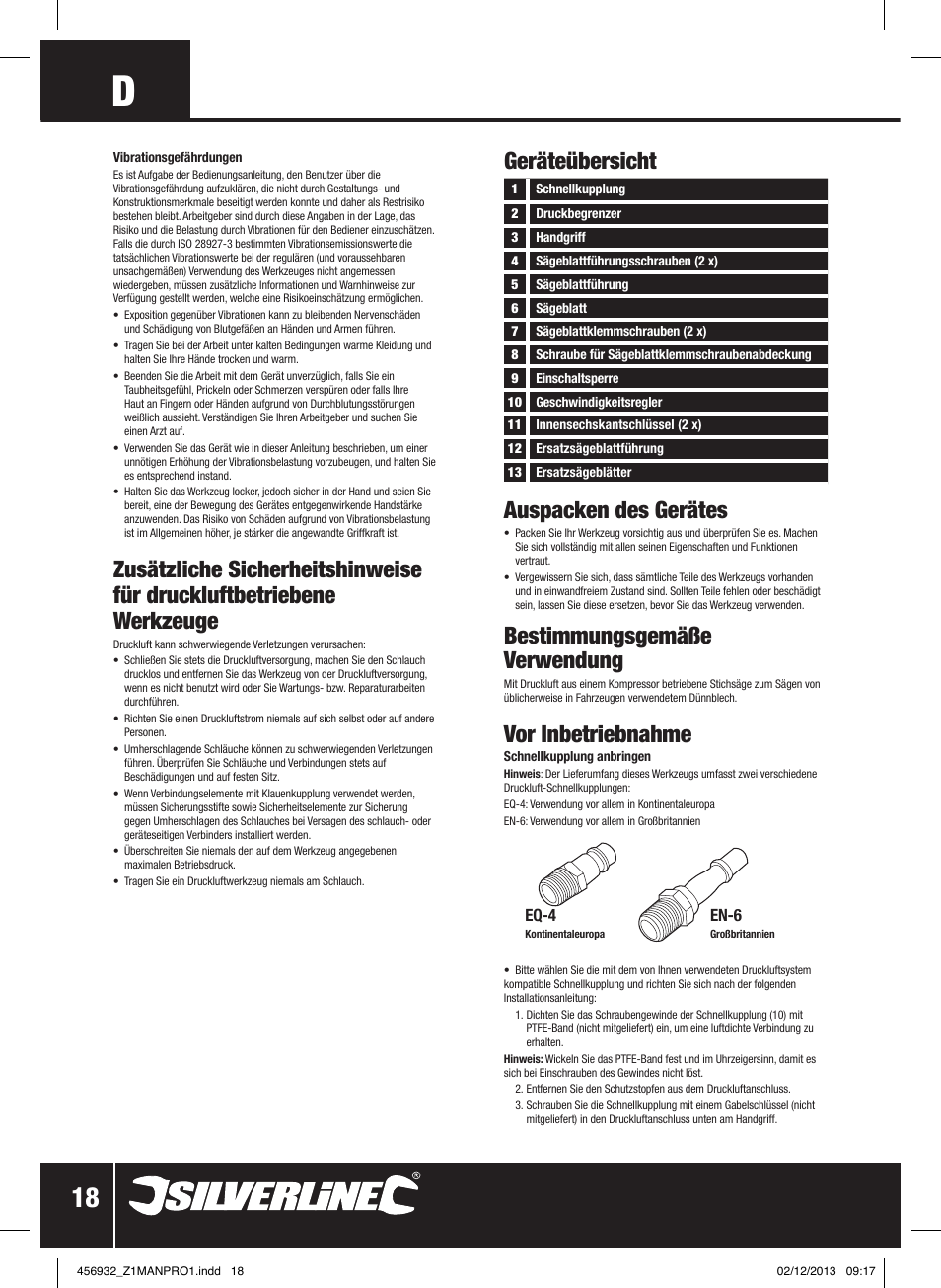 Geräteübersicht, Auspacken des gerätes, Bestimmungsgemäße verwendung | Vor inbetriebnahme | Silverline Air Body Saw User Manual | Page 19 / 40