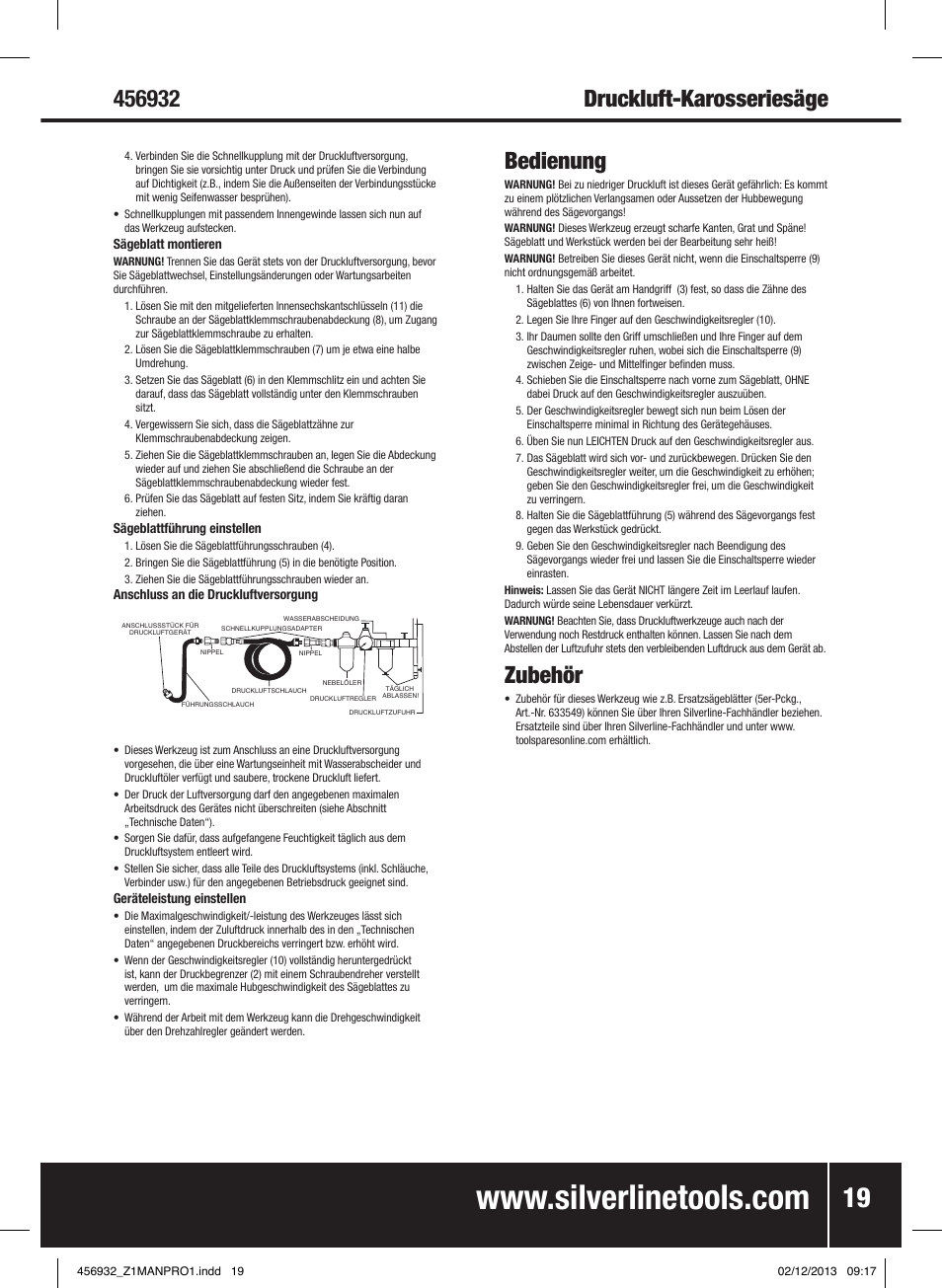 Druckluft-karosseriesäge, Bedienung, Zubehör | Silverline Air Body Saw User Manual | Page 20 / 40