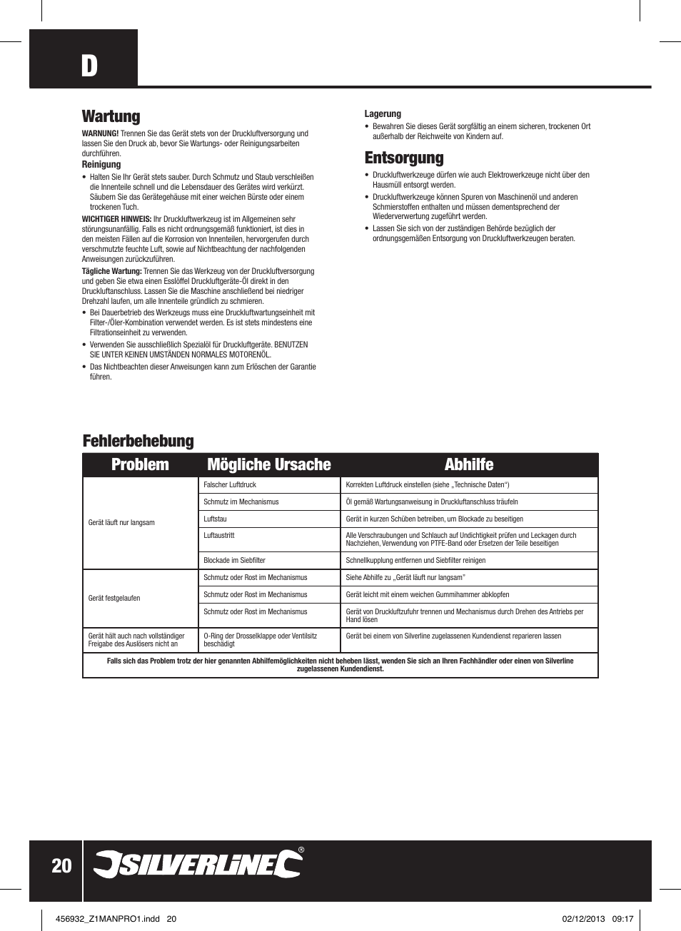 Wartung, Fehlerbehebung problem mögliche ursache abhilfe, Entsorgung | Silverline Air Body Saw User Manual | Page 21 / 40