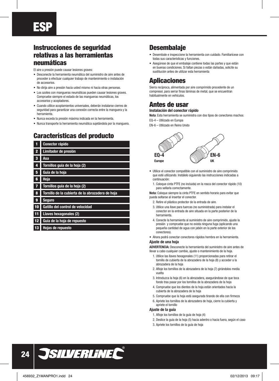 Características del producto desembalaje, Aplicaciones, Antes de usar | Silverline Air Body Saw User Manual | Page 25 / 40