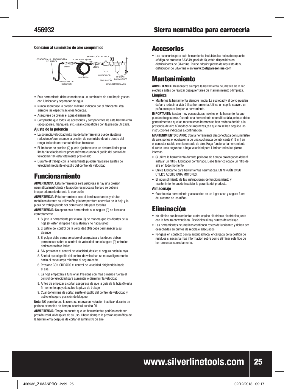 Sierra neumática para carrocería, Funcionamiento, Accesorios | Mantenimiento, Eliminación | Silverline Air Body Saw User Manual | Page 26 / 40