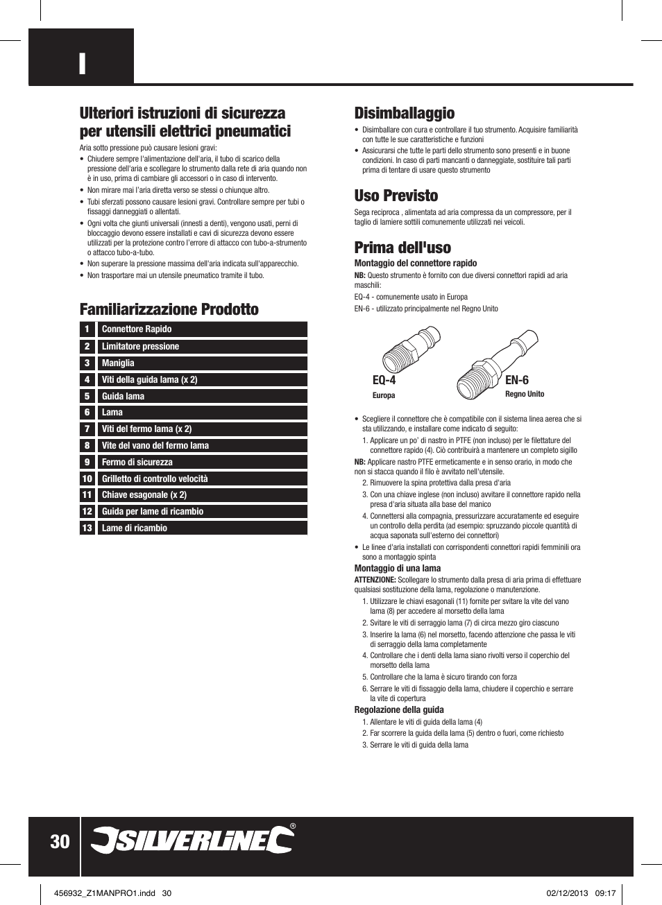 Familiarizzazione prodotto disimballaggio, Uso previsto, Prima dell'uso | Eq-4, En-6 | Silverline Air Body Saw User Manual | Page 31 / 40