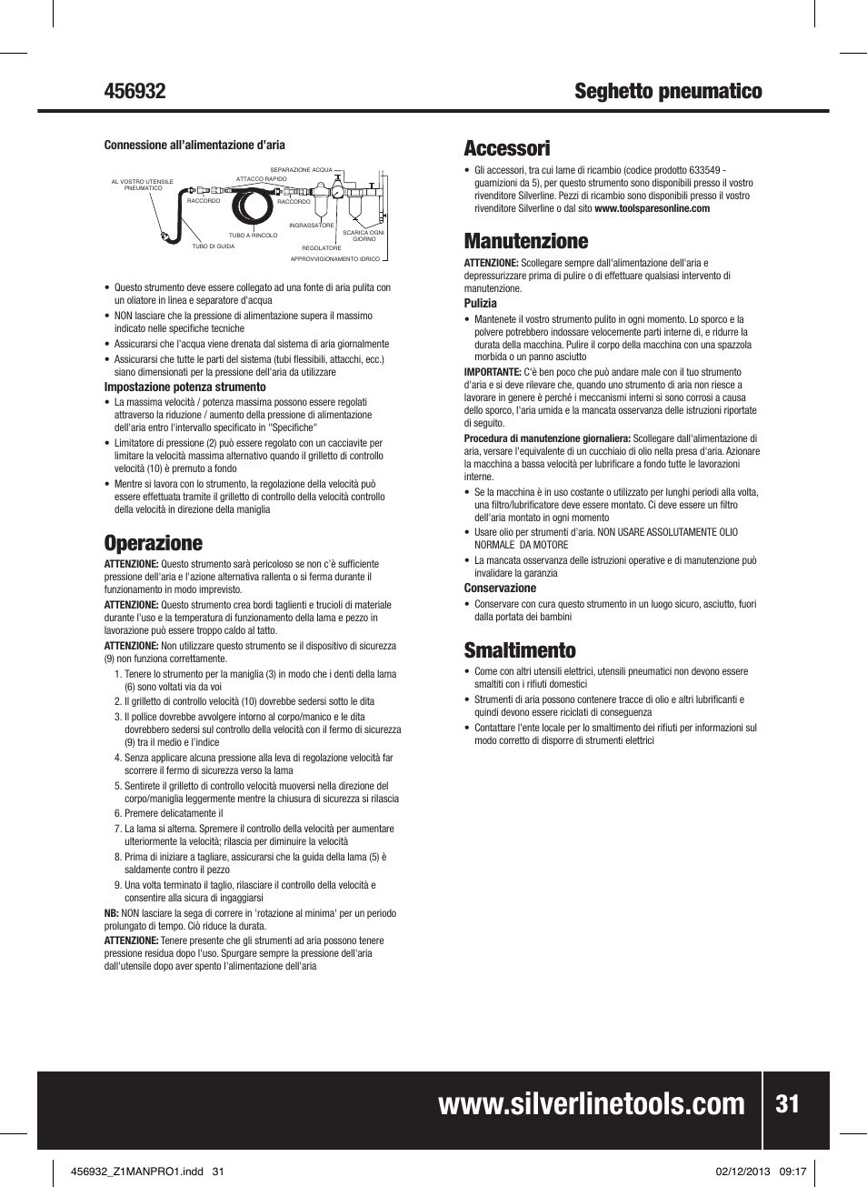 Seghetto pneumatico, Operazione, Accessori | Manutenzione, Smaltimento | Silverline Air Body Saw User Manual | Page 32 / 40