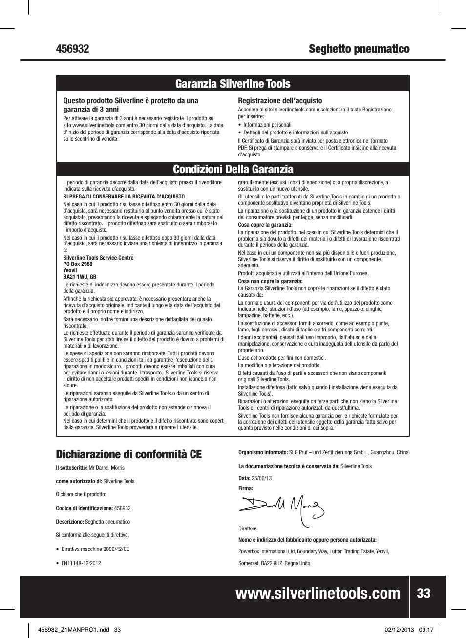 Dichiarazione di conformità ce | Silverline Air Body Saw User Manual | Page 34 / 40