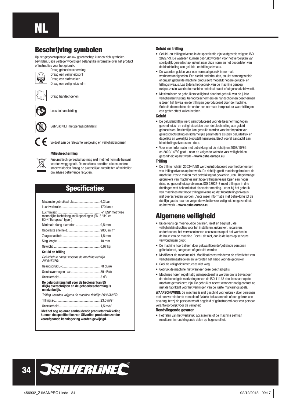 Beschrijving symbolen, Algemene veiligheid, Specificaties | Silverline Air Body Saw User Manual | Page 35 / 40