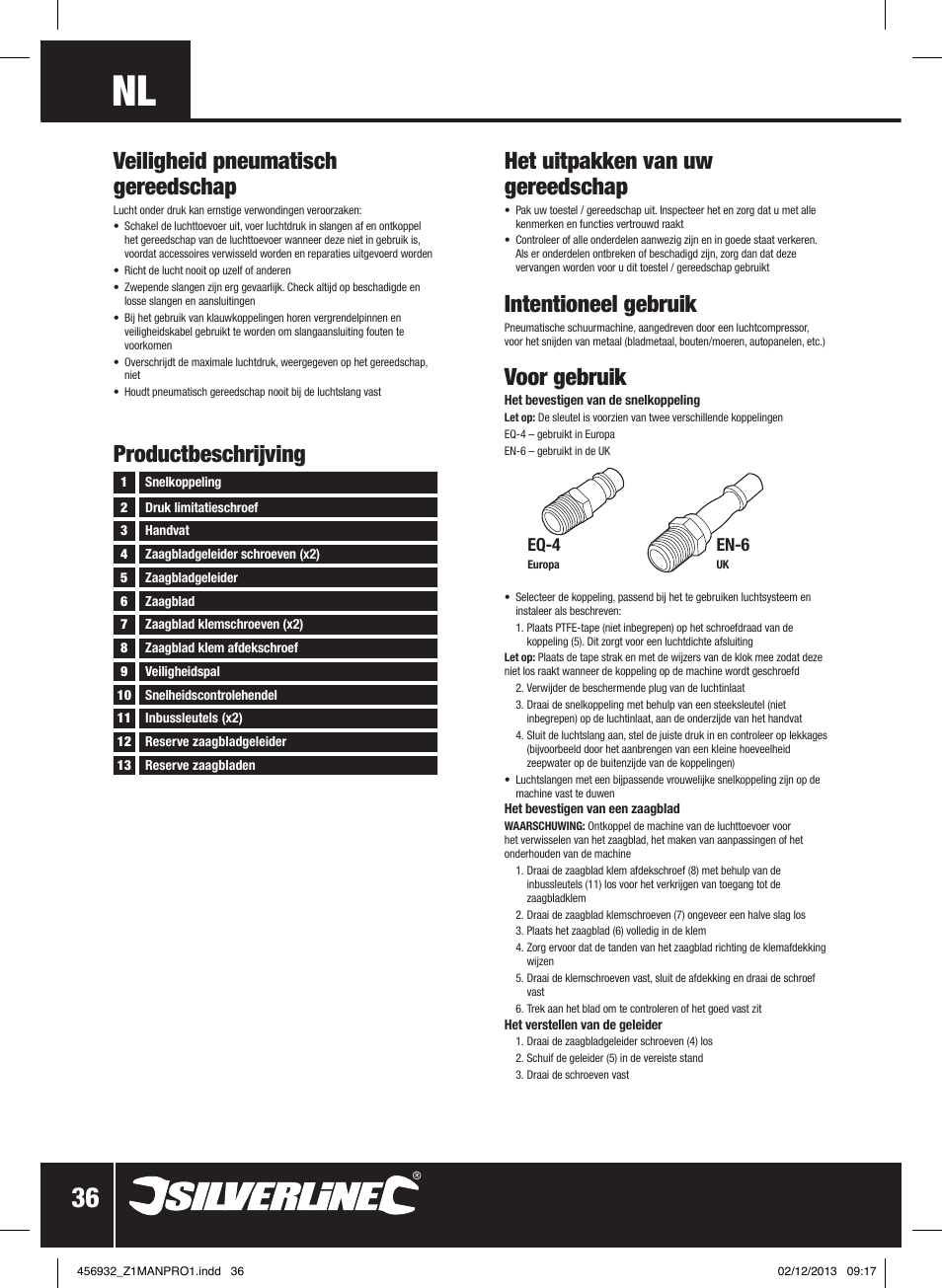 Veiligheid pneumatisch gereedschap, Intentioneel gebruik, Voor gebruik | Silverline Air Body Saw User Manual | Page 37 / 40