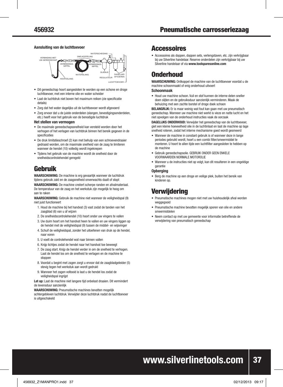 Pneumatische carrosseriezaag, Gebruik, Accessoires | Onderhoud, Verwijdering | Silverline Air Body Saw User Manual | Page 38 / 40