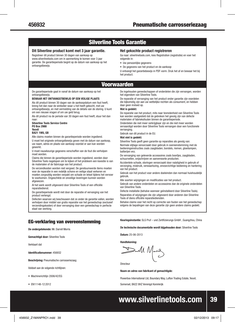 Eg-verklaring van overeenstemming | Silverline Air Body Saw User Manual | Page 40 / 40