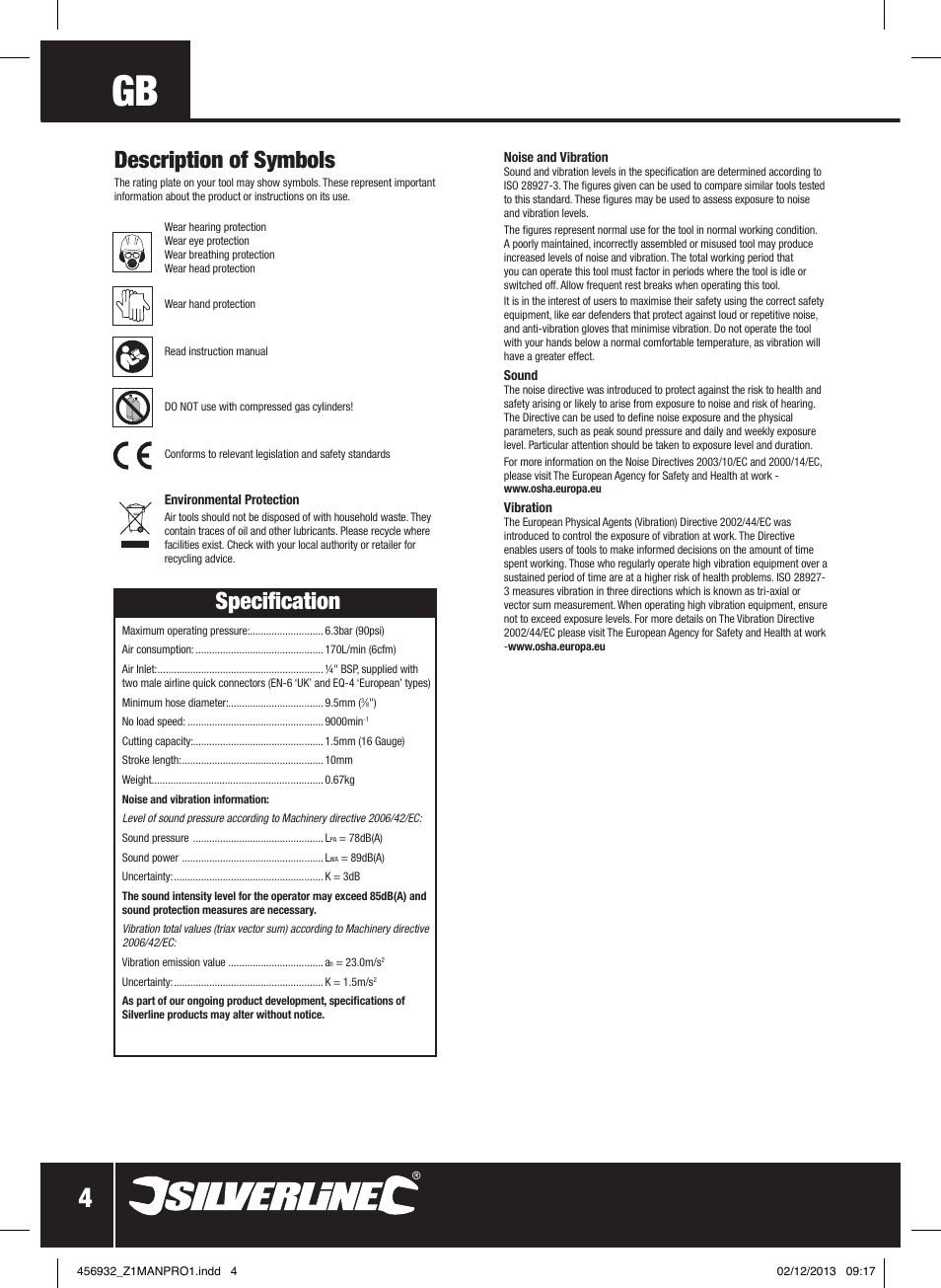 Description of symbols, Specification | Silverline Air Body Saw User Manual | Page 5 / 40