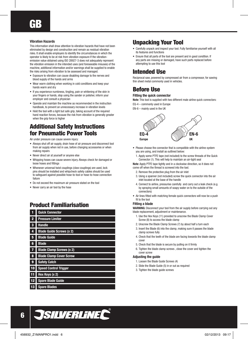 Product familiarisation unpacking your tool, Intended use, Before use | Eq-4, En-6 | Silverline Air Body Saw User Manual | Page 7 / 40