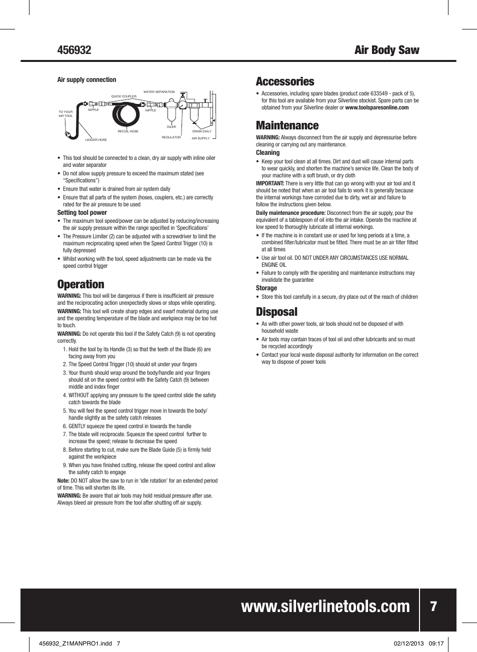 Air body saw, Operation, Accessories | Maintenance, Disposal | Silverline Air Body Saw User Manual | Page 8 / 40