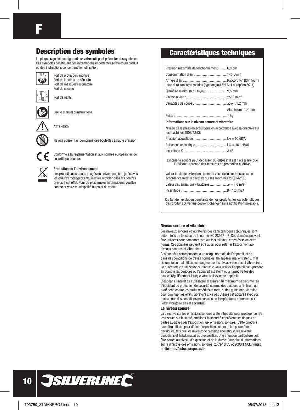 Caractéristiques techniques, Description des symboles | Silverline Air Sheet Metal Shear User Manual | Page 11 / 40