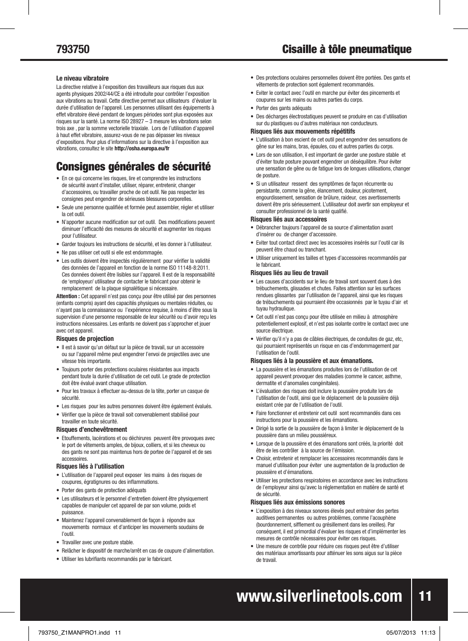 Consignes générales de sécurité | Silverline Air Sheet Metal Shear User Manual | Page 12 / 40