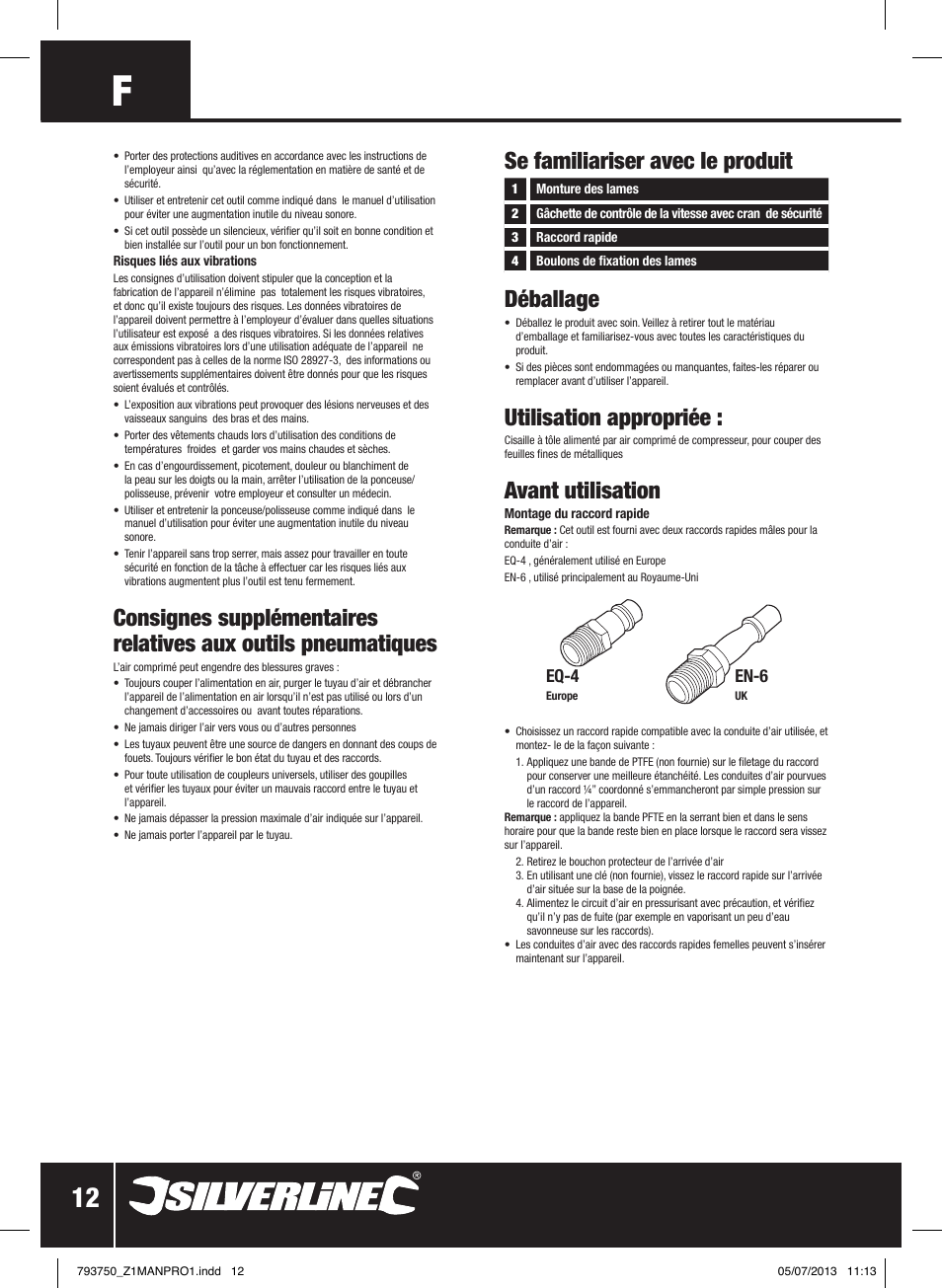 Se familiariser avec le produit déballage, Utilisation appropriée, Avant utilisation | Eq-4, En-6 | Silverline Air Sheet Metal Shear User Manual | Page 13 / 40