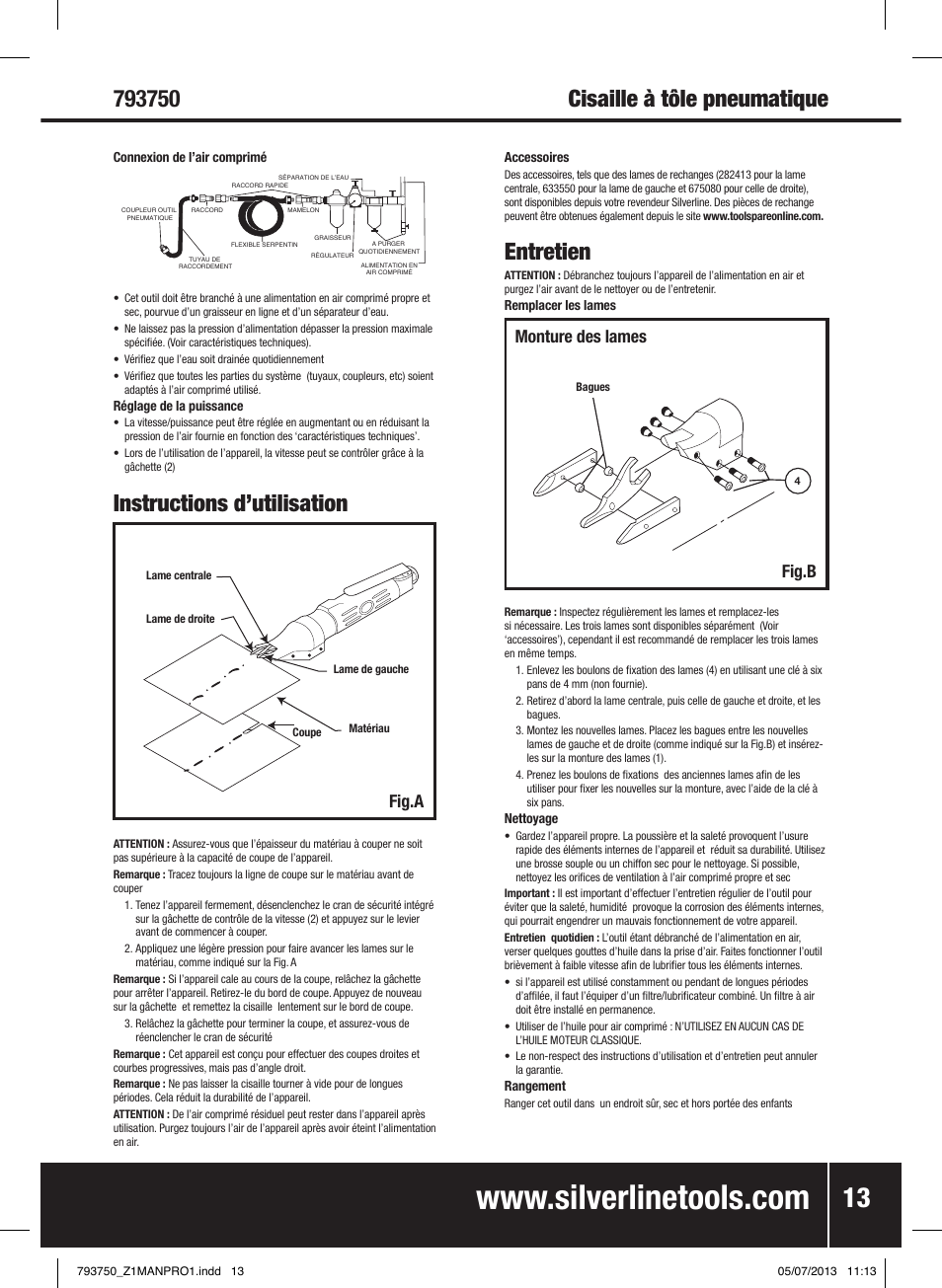 Instructions d’utilisation, Entretien, Monture des lames fig.b | Fig.a | Silverline Air Sheet Metal Shear User Manual | Page 14 / 40