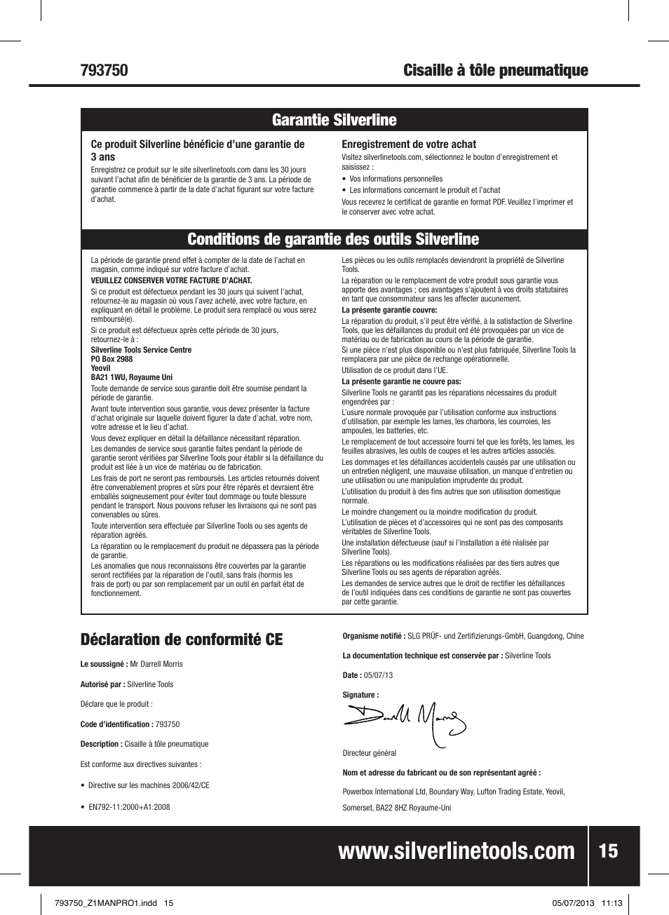 Déclaration de conformité ce | Silverline Air Sheet Metal Shear User Manual | Page 16 / 40