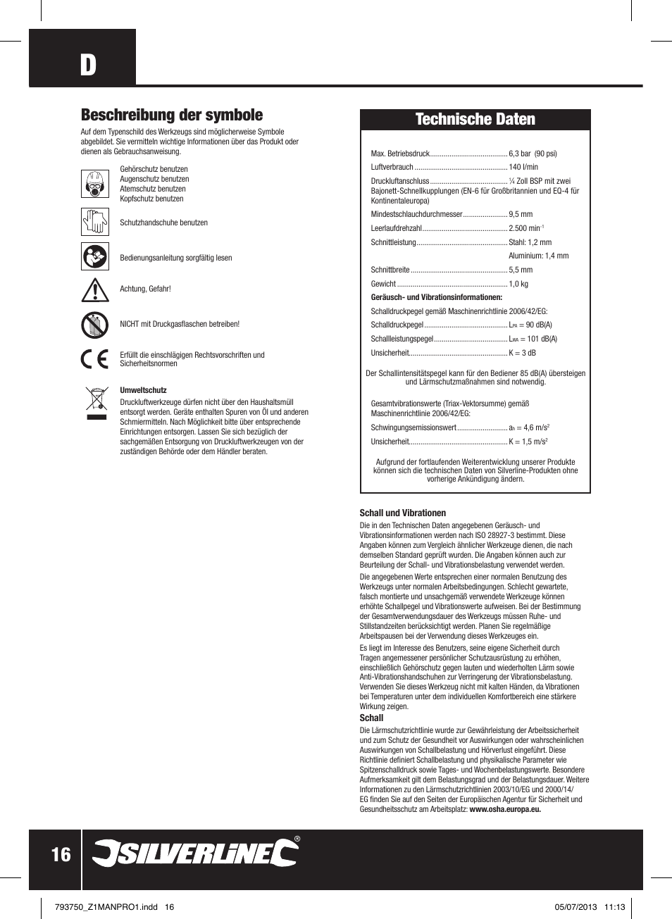 Technische daten, Beschreibung der symbole | Silverline Air Sheet Metal Shear User Manual | Page 17 / 40