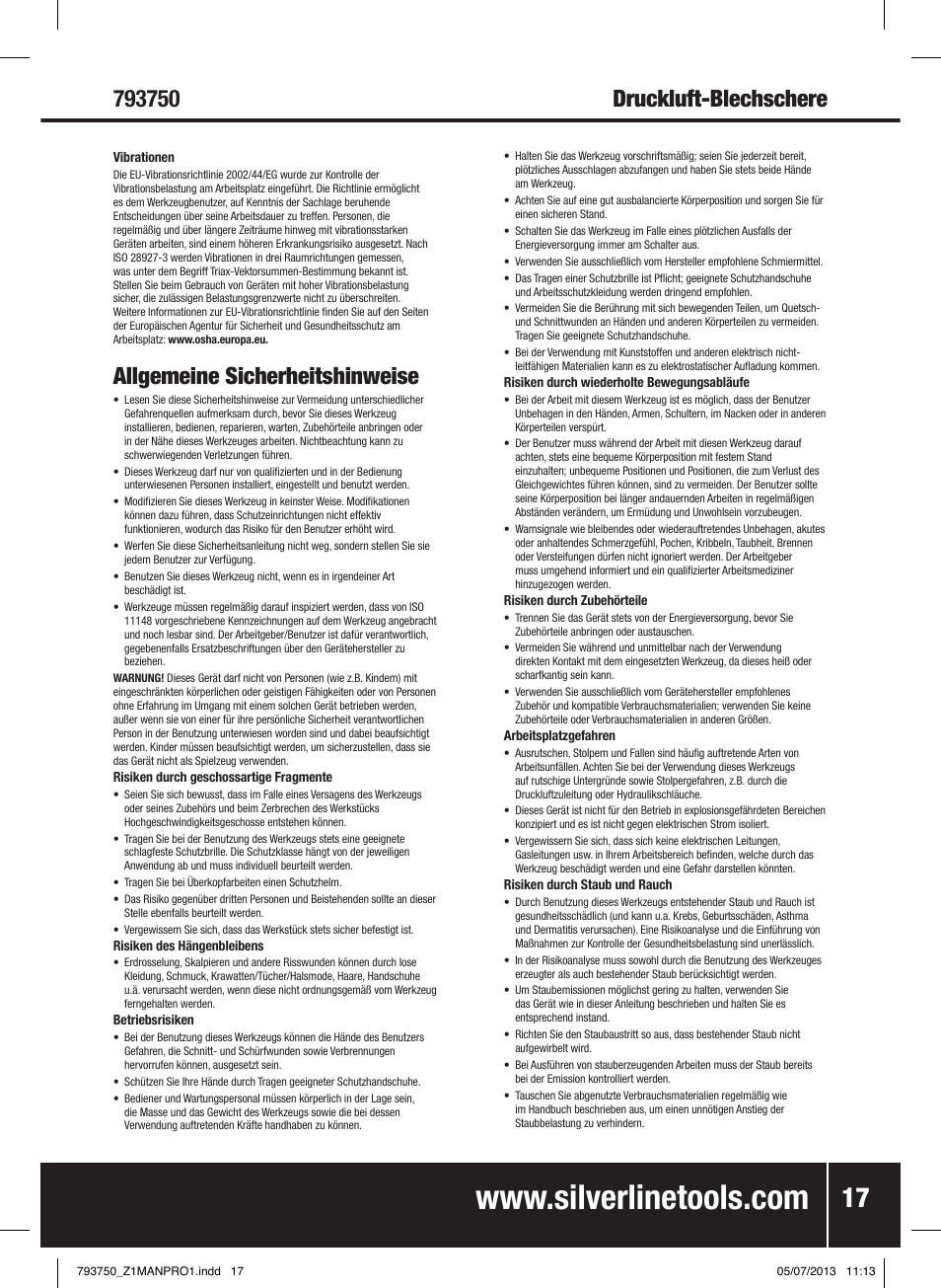 Allgemeine sicherheitshinweise | Silverline Air Sheet Metal Shear User Manual | Page 18 / 40