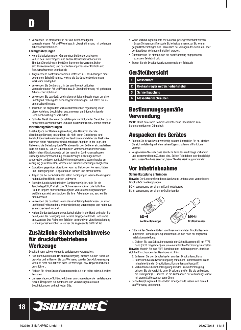 Geräteübersicht bestimmungsgemäße verwendung, Auspacken des gerätes, Vor inbetriebnahme | Eq-4, En-6 | Silverline Air Sheet Metal Shear User Manual | Page 19 / 40
