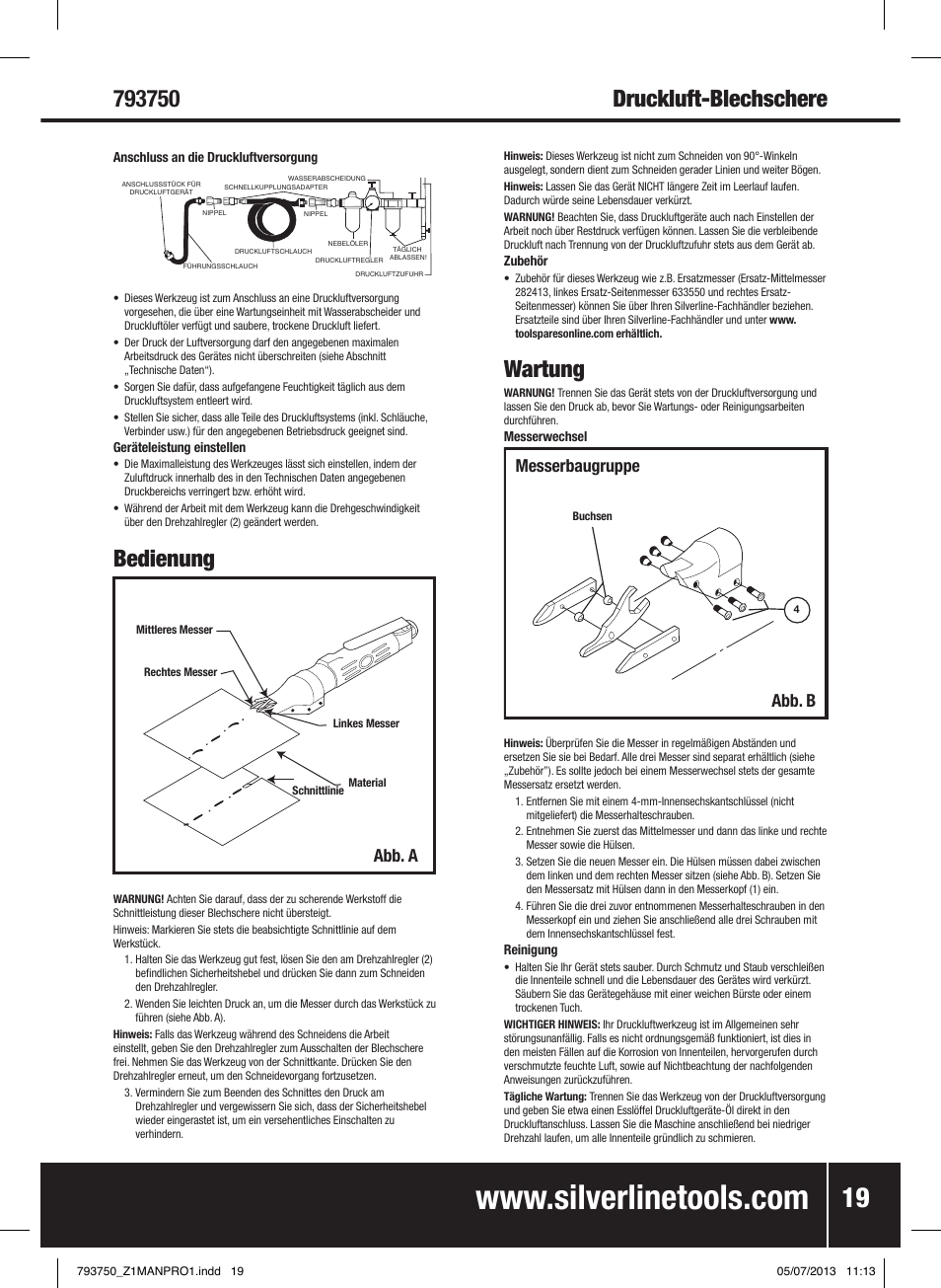 Bedienung, Wartung, Messerbaugruppe abb. b | Abb. a | Silverline Air Sheet Metal Shear User Manual | Page 20 / 40