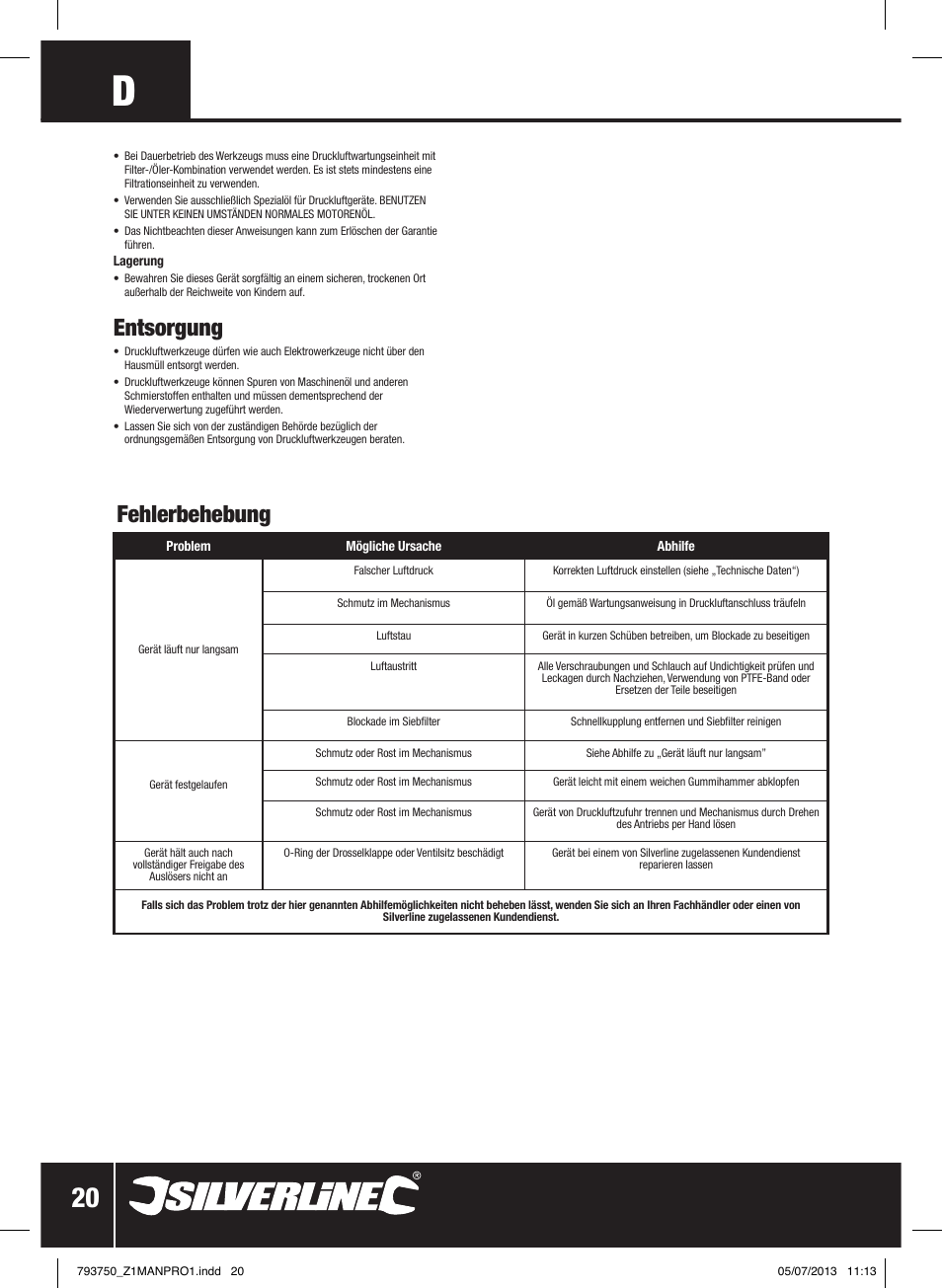 Entsorgung, Fehlerbehebung | Silverline Air Sheet Metal Shear User Manual | Page 21 / 40