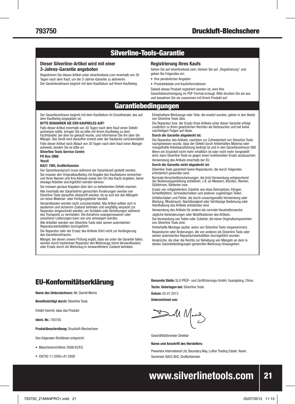 Garantiebedingungen silverline-tools-garantie | Silverline Air Sheet Metal Shear User Manual | Page 22 / 40