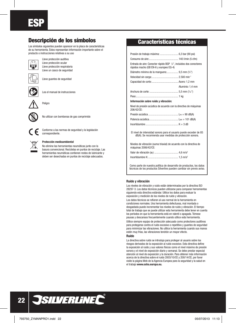 Características técnicas, Descripción de los símbolos | Silverline Air Sheet Metal Shear User Manual | Page 23 / 40