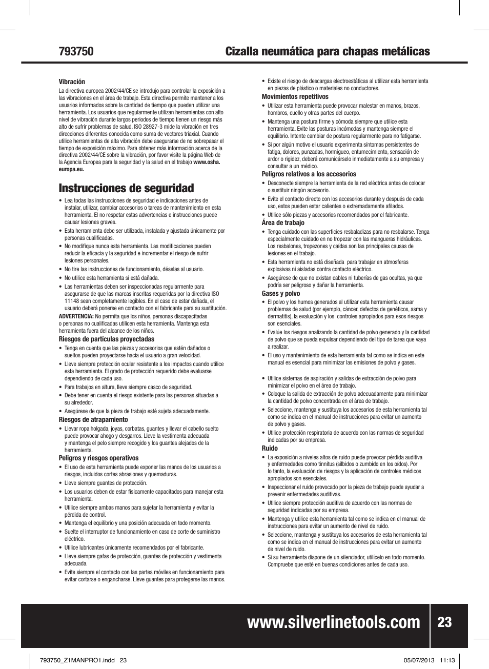 Instrucciones de seguridad | Silverline Air Sheet Metal Shear User Manual | Page 24 / 40
