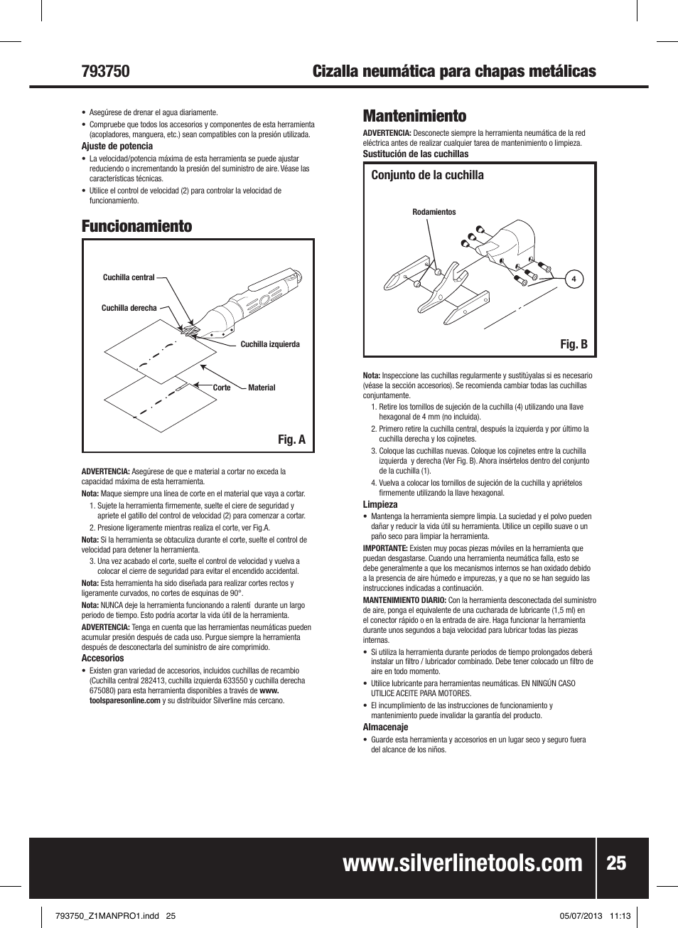Funcionamiento, Mantenimiento, Fig. a | Conjunto de la cuchilla fig. b | Silverline Air Sheet Metal Shear User Manual | Page 26 / 40