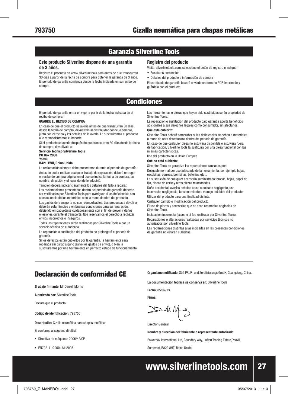 Declaración de conformidad ce | Silverline Air Sheet Metal Shear User Manual | Page 28 / 40