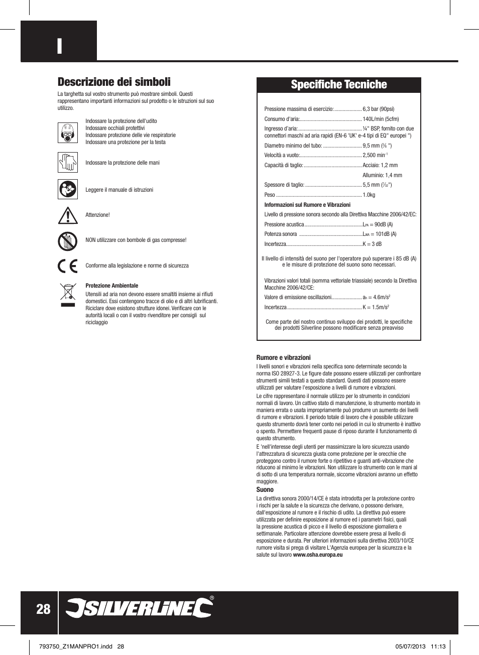 Specifiche tecniche, Descrizione dei simboli | Silverline Air Sheet Metal Shear User Manual | Page 29 / 40