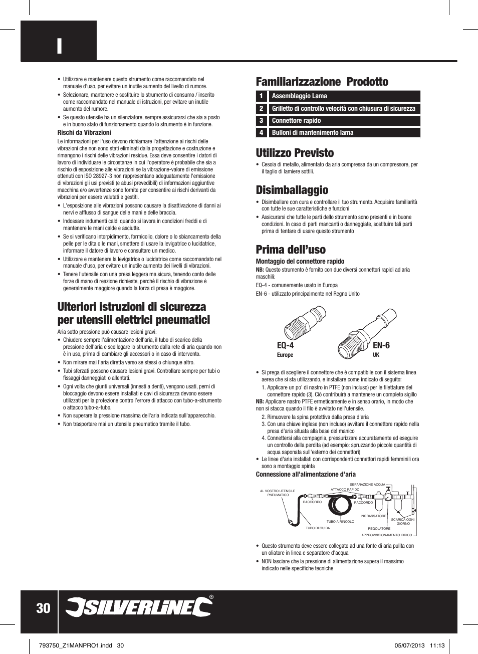 Familiarizzazione prodotto utilizzo previsto, Disimballaggio, Prima dell’uso | Eq-4, En-6 | Silverline Air Sheet Metal Shear User Manual | Page 31 / 40