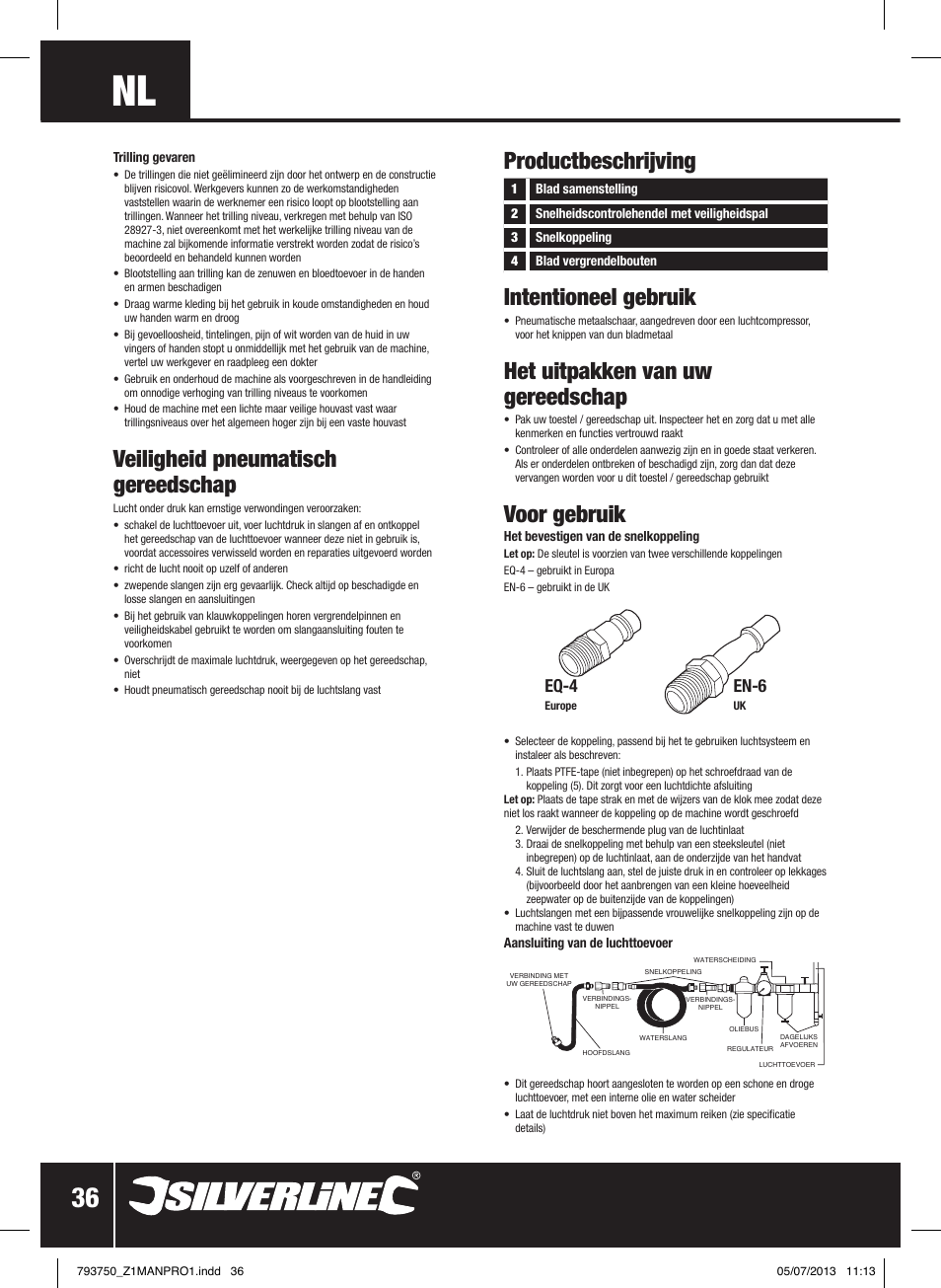 Veiligheid pneumatisch gereedschap, Productbeschrijving intentioneel gebruik, Het uitpakken van uw gereedschap | Voor gebruik, Eq-4, En-6 | Silverline Air Sheet Metal Shear User Manual | Page 37 / 40