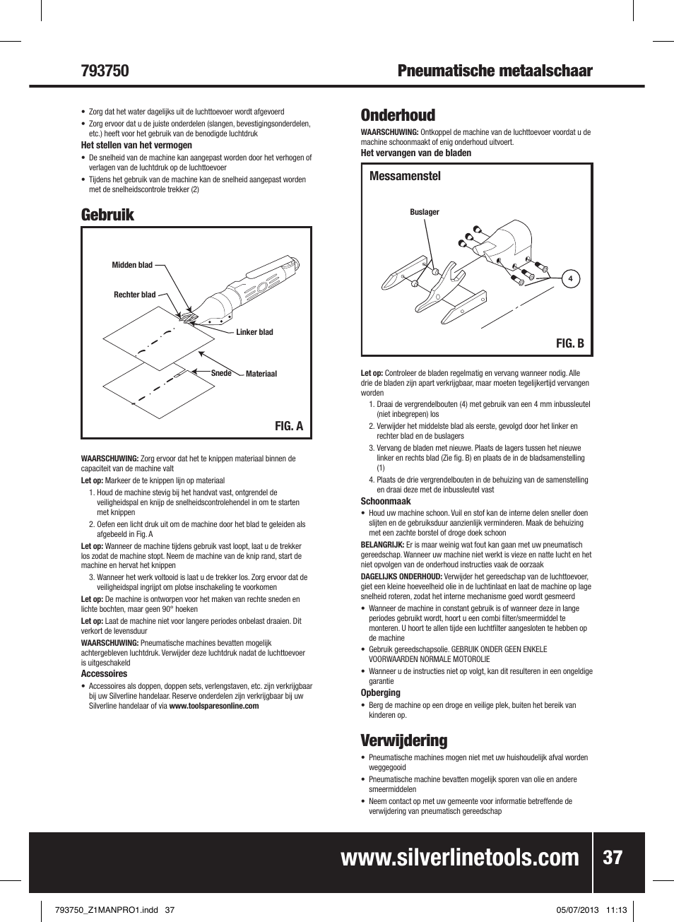Gebruik, Onderhoud, Verwijdering | Fig. a, Messamenstel fig. b | Silverline Air Sheet Metal Shear User Manual | Page 38 / 40