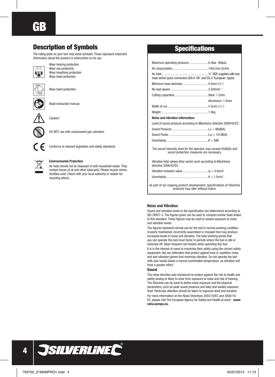 Specifications, Description of symbols | Silverline Air Sheet Metal Shear User Manual | Page 5 / 40