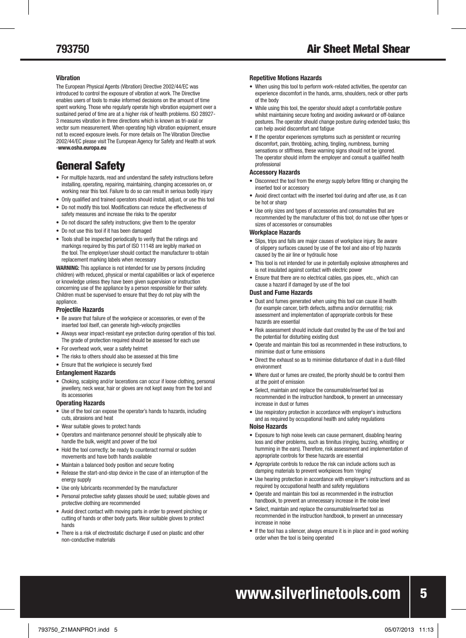 General safety | Silverline Air Sheet Metal Shear User Manual | Page 6 / 40