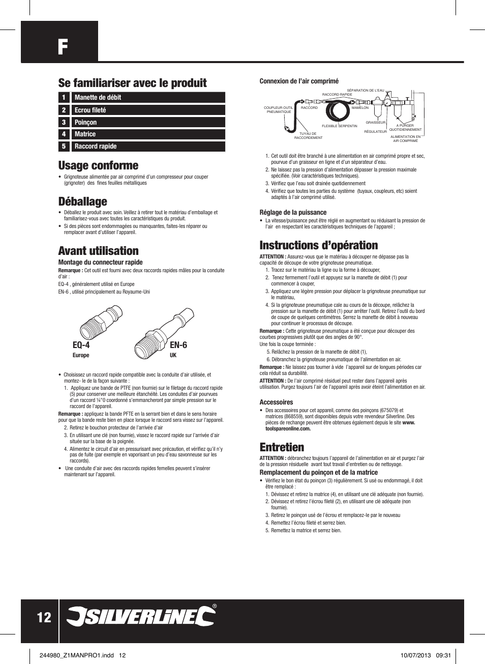 Instructions d’opération, Entretien, Usage conforme | Déballage, Avant utilisation, Se familiariser avec le produit, Eq-4, En-6 | Silverline Air Nibbler User Manual | Page 13 / 40