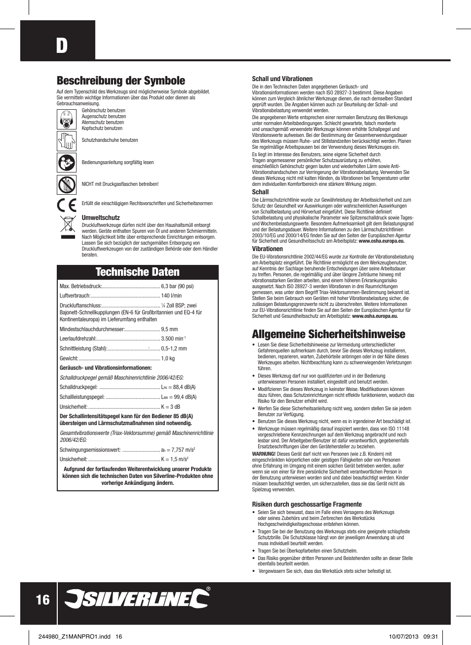 Beschreibung der symbole, Allgemeine sicherheitshinweise, Technische daten | Silverline Air Nibbler User Manual | Page 17 / 40