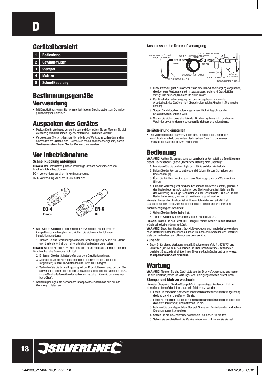 Bestimmungsgemäße verwendung, Auspacken des gerätes, Vor inbetriebnahme | Bedienung, Wartung, Geräteübersicht, Eq-4, En-6 | Silverline Air Nibbler User Manual | Page 19 / 40