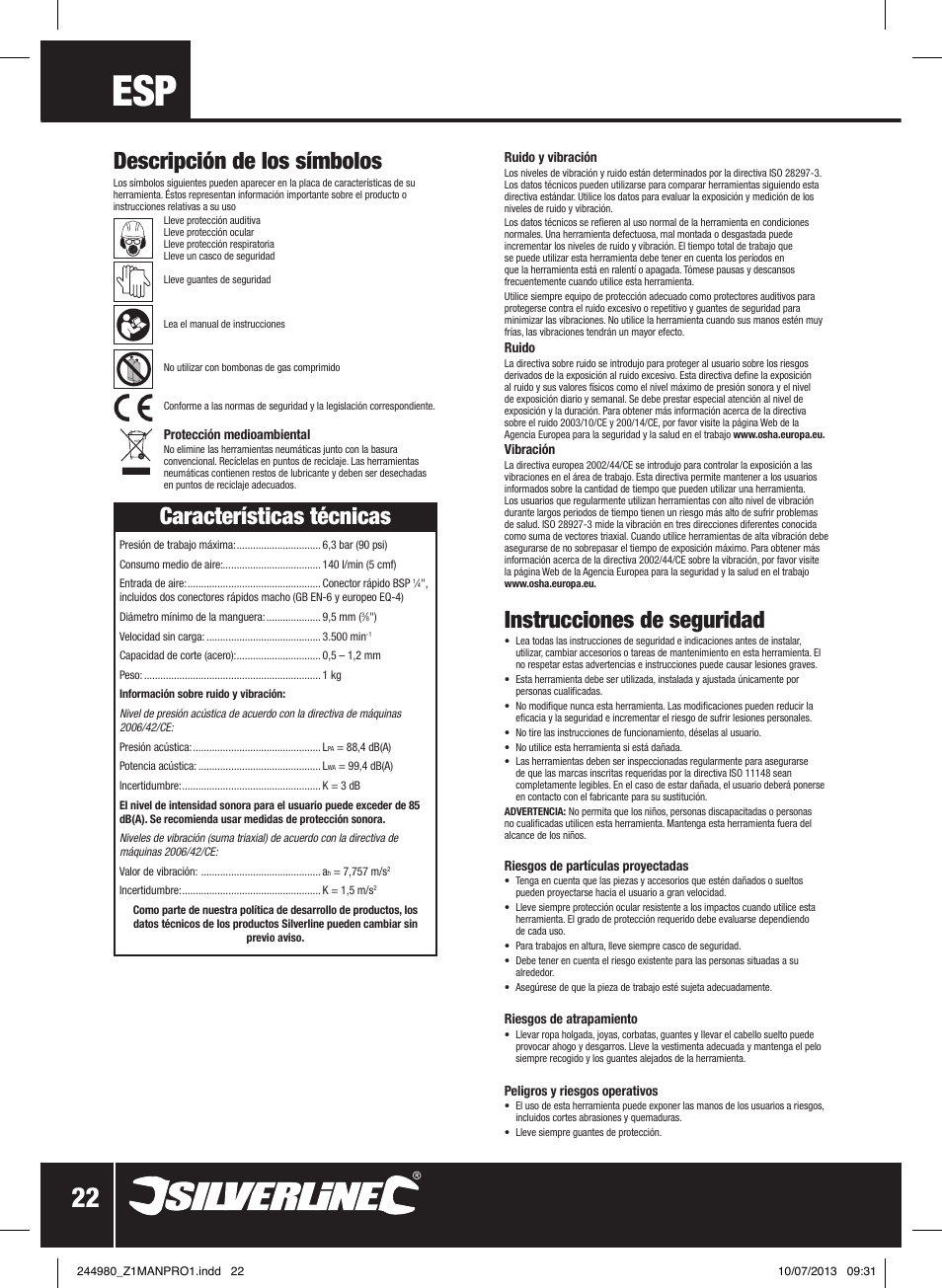 Instrucciones de seguridad, Descripción de los símbolos, Características técnicas | Silverline Air Nibbler User Manual | Page 23 / 40