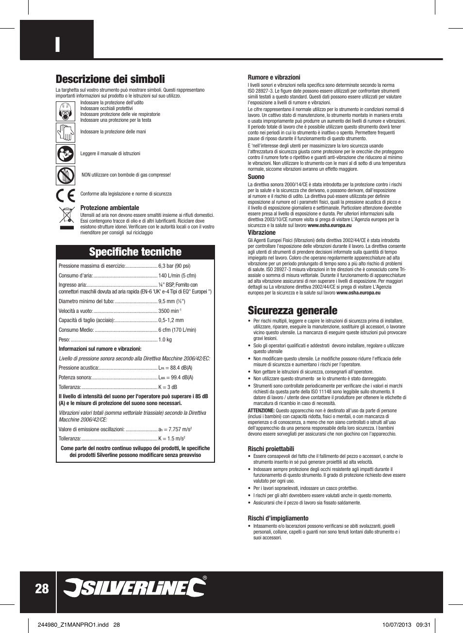 Sicurezza generale, Descrizione dei simboli, Specifiche tecniche | Silverline Air Nibbler User Manual | Page 29 / 40