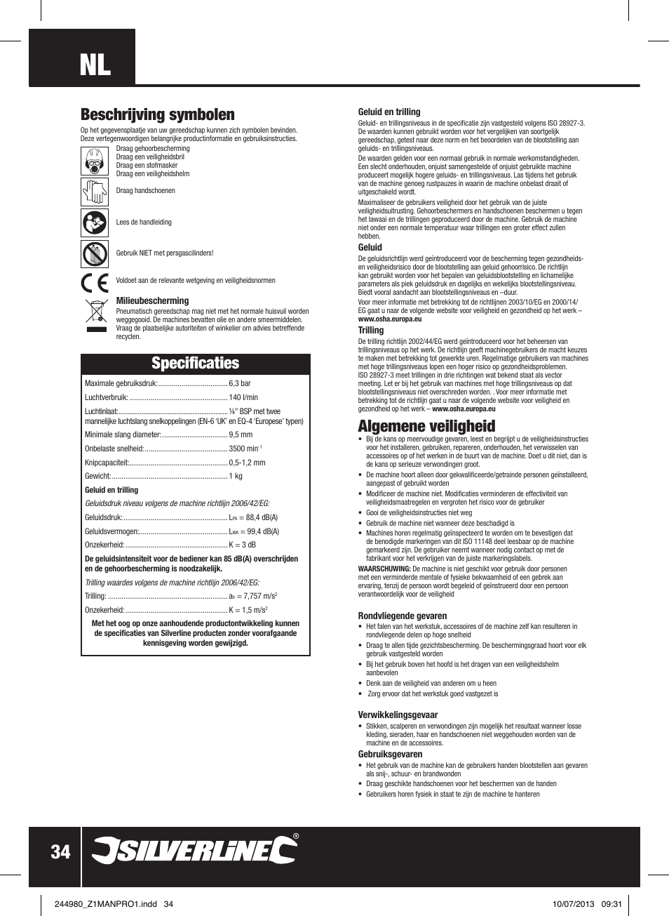 Algemene veiligheid, Beschrijving symbolen, Specificaties | Silverline Air Nibbler User Manual | Page 35 / 40