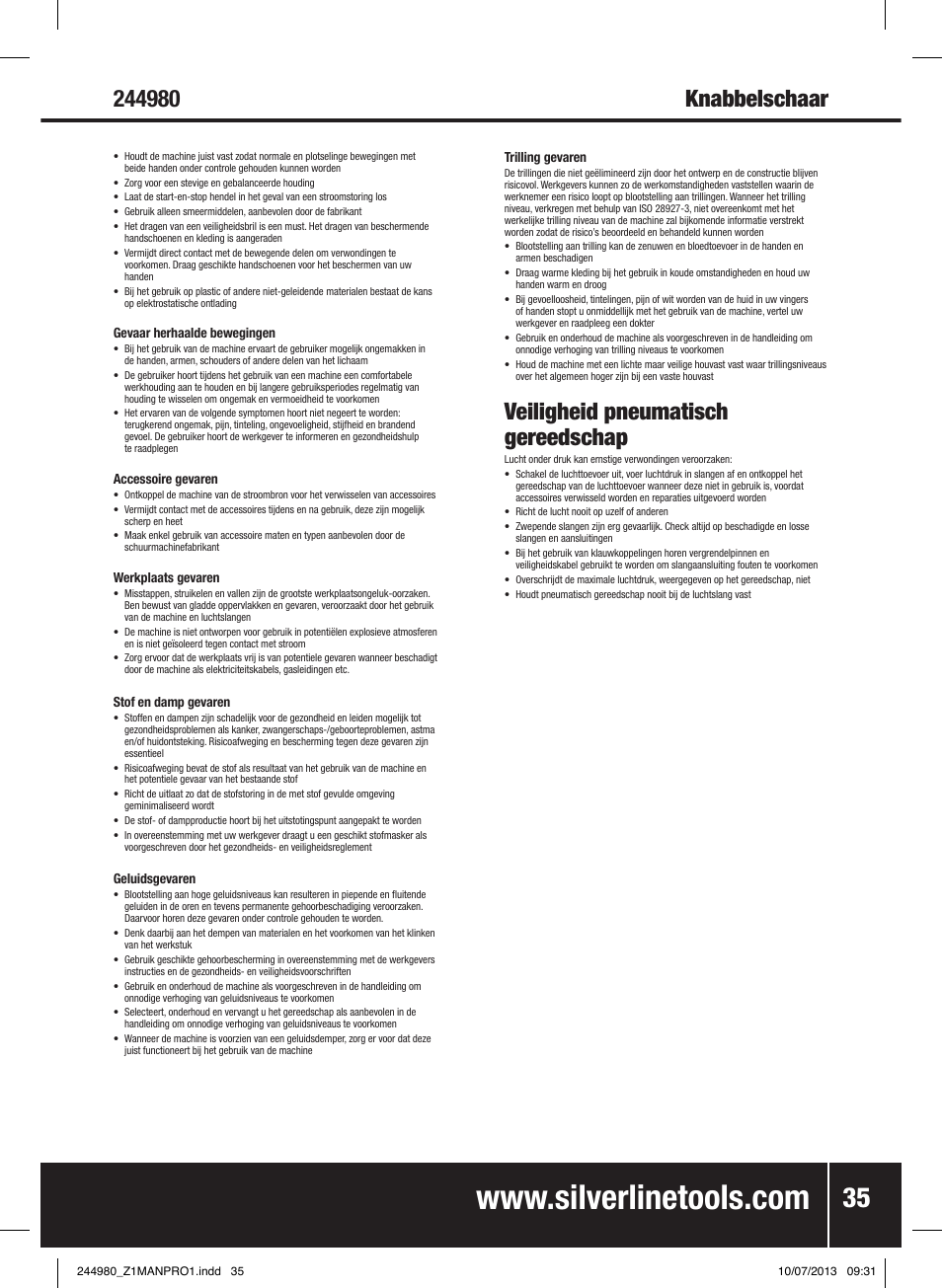 Veiligheid pneumatisch gereedschap | Silverline Air Nibbler User Manual | Page 36 / 40