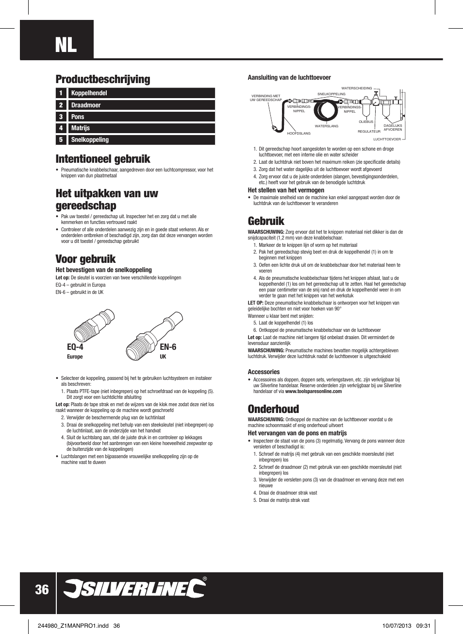 Intentioneel gebruik, Het uitpakken van uw gereedschap, Voor gebruik | Gebruik, Onderhoud, Productbeschrijving, Eq-4, En-6 | Silverline Air Nibbler User Manual | Page 37 / 40
