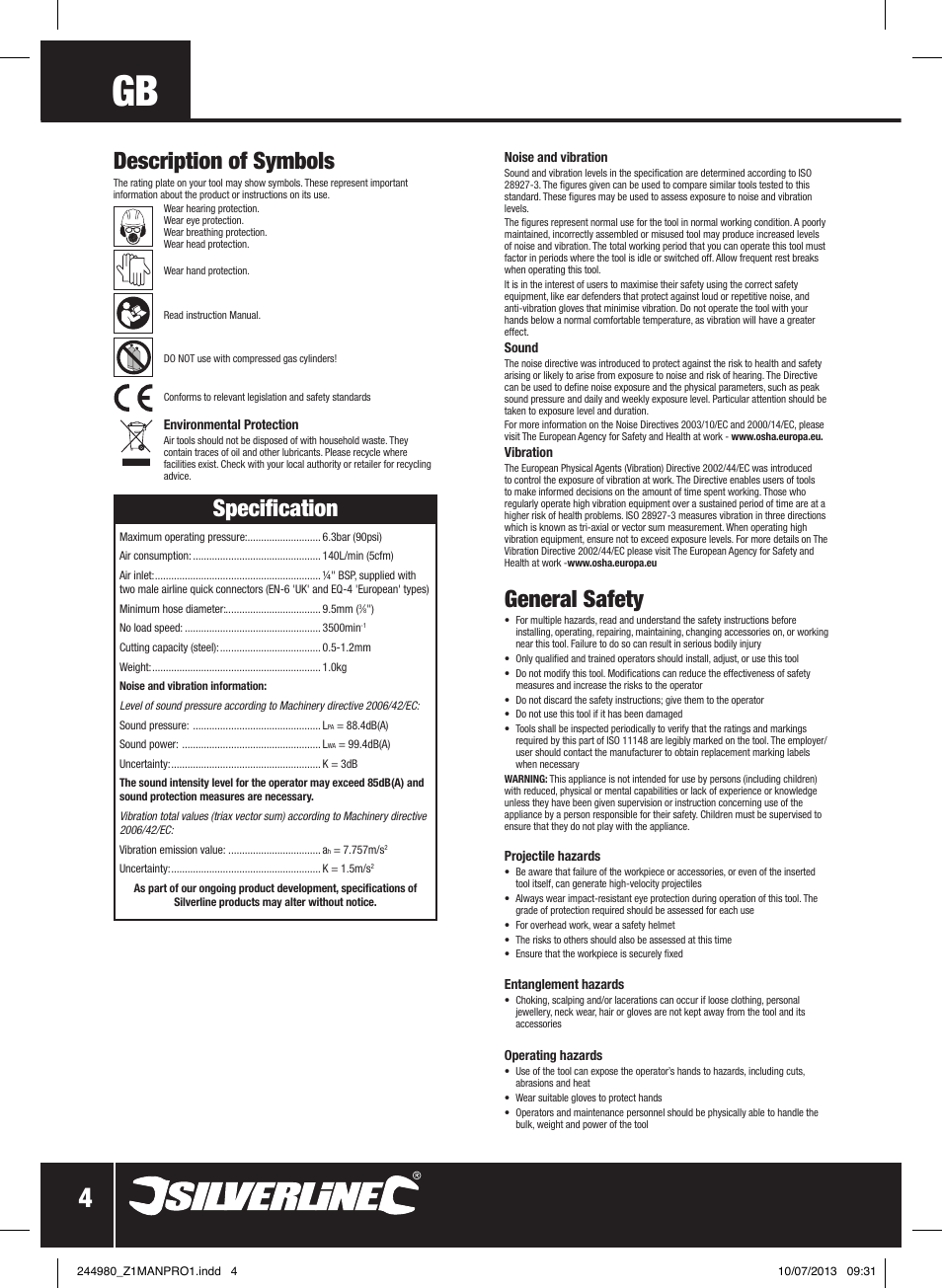 General safety, Description of symbols, Specification | Silverline Air Nibbler User Manual | Page 5 / 40