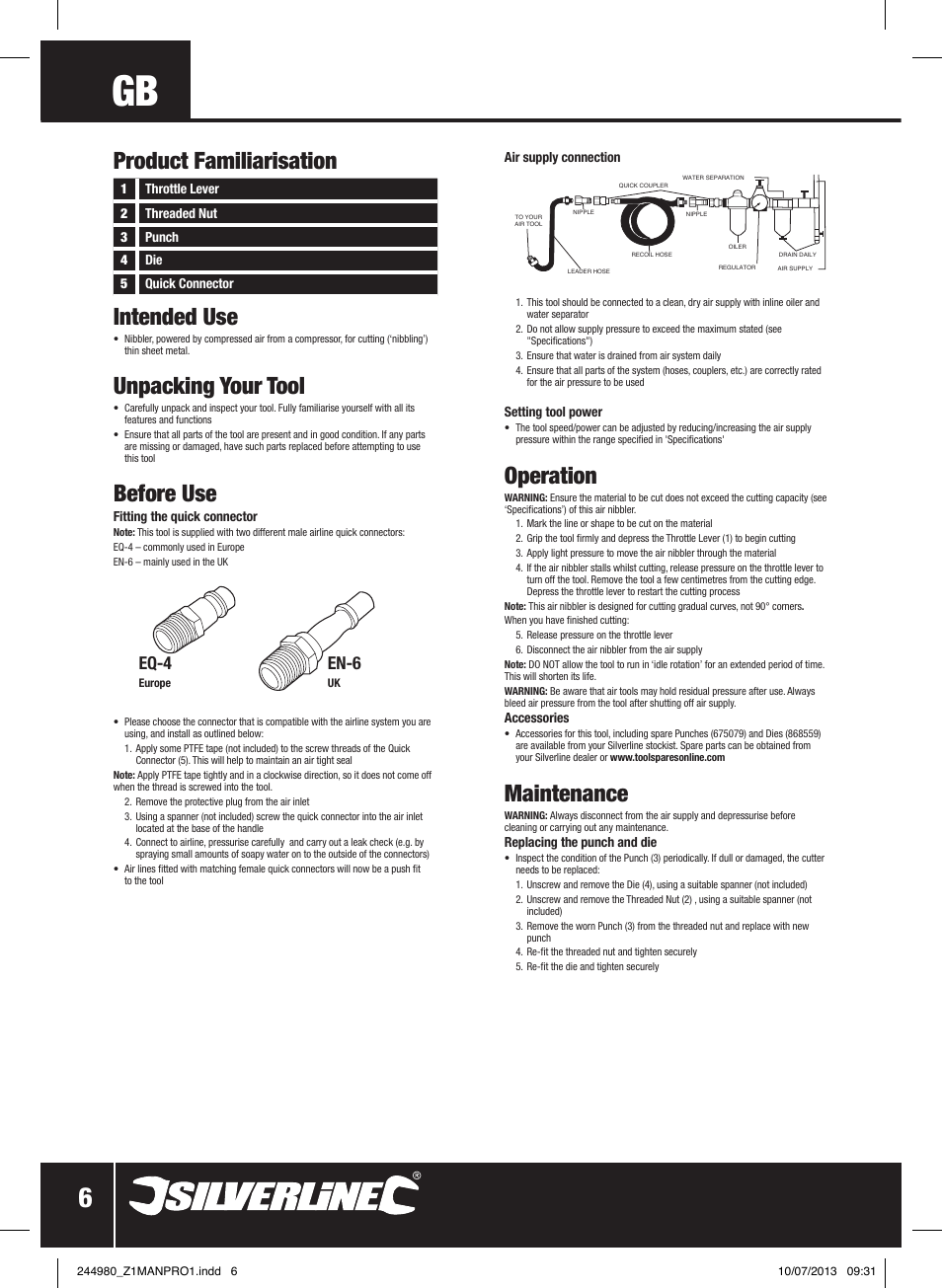 Operation, Maintenance, Intended use | Unpacking your tool, Before use, Product familiarisation, Eq-4, En-6 | Silverline Air Nibbler User Manual | Page 7 / 40