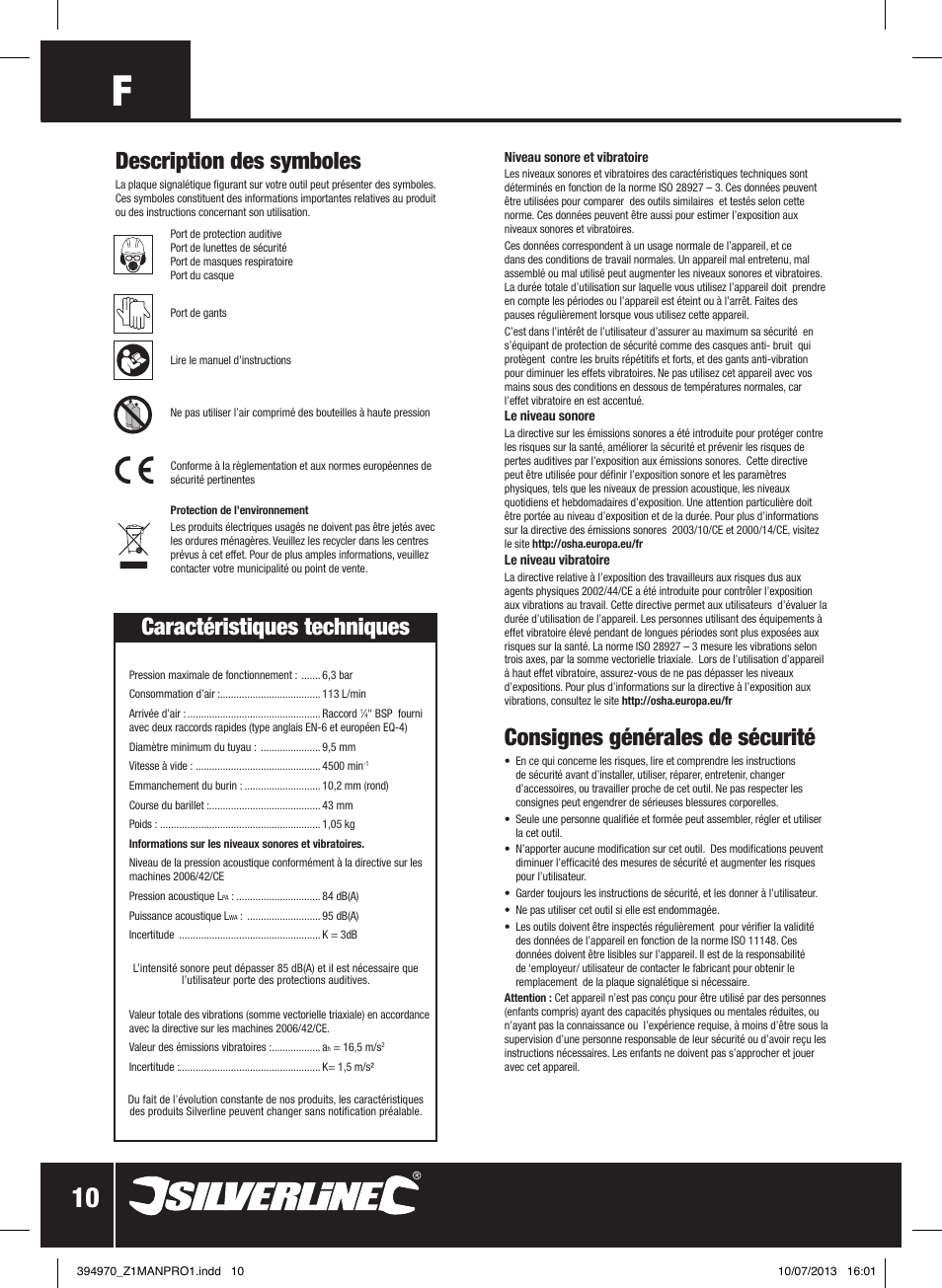 Description des symboles, Caractéristiques techniques, Consignes générales de sécurité | Silverline Air Hammer Set 5pce User Manual | Page 11 / 40