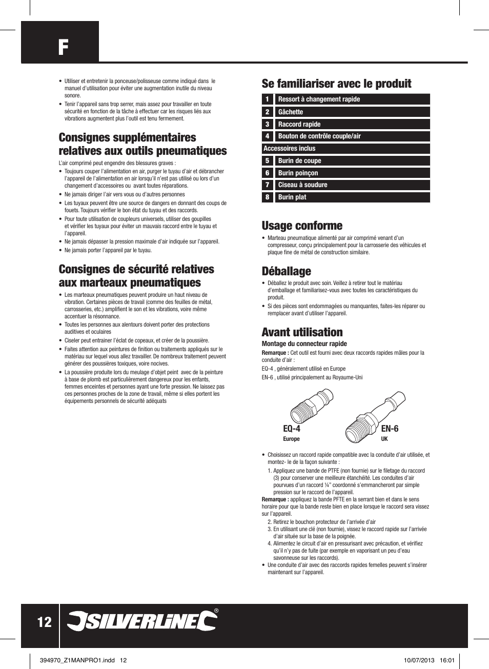 Se familiariser avec le produit, Usage conforme, Déballage | Avant utilisation | Silverline Air Hammer Set 5pce User Manual | Page 13 / 40