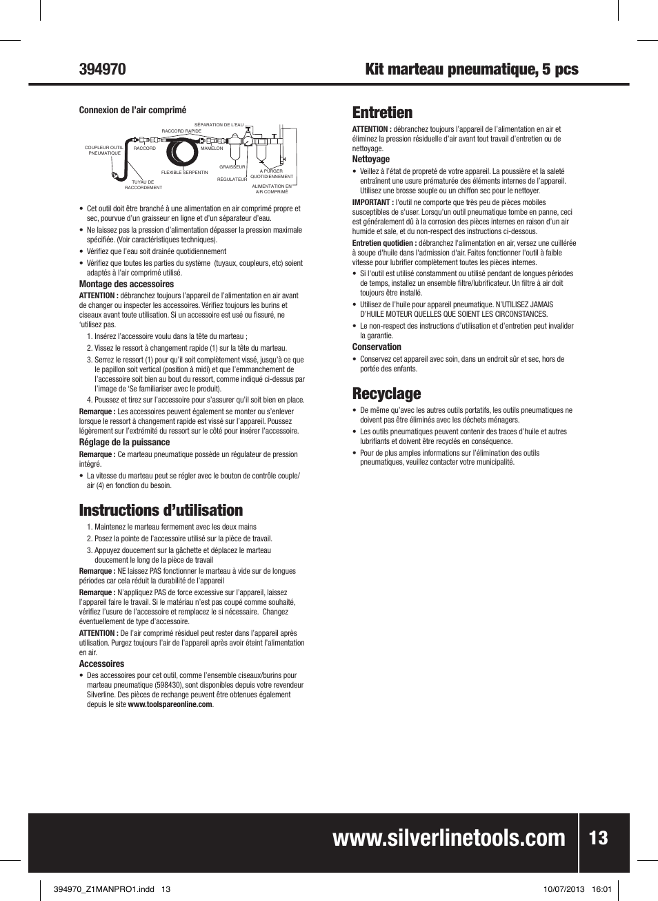 Instructions d’utilisation, Entretien, Recyclage | Silverline Air Hammer Set 5pce User Manual | Page 14 / 40