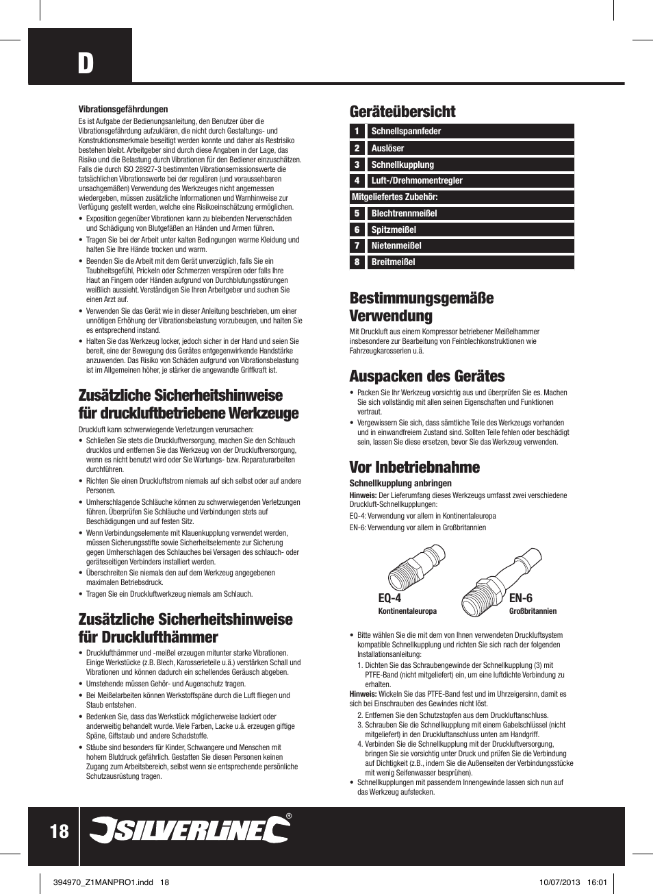 Geräteübersicht, Bestimmungsgemäße verwendung, Auspacken des gerätes | Vor inbetriebnahme, Eq-4, En-6 | Silverline Air Hammer Set 5pce User Manual | Page 19 / 40